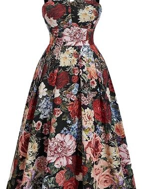 Black Floral Smocked Midi Dress with Square Neck